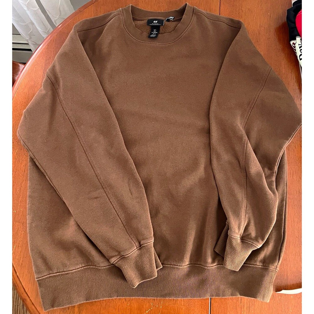 H&M Men Relaxed Fit THERMOLITE Crewneck Sweatshirt Brown Fleece L Large